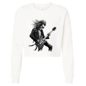 Skeleton Guitar Guy Rock And Roll Band Rock On Cropped Pullover Crew