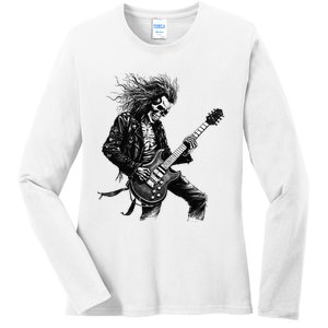 Skeleton Guitar Guy Rock And Roll Band Rock On Ladies Long Sleeve Shirt