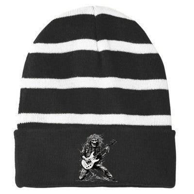 Skeleton Guitar Guy Rock And Roll Band Rock On Striped Beanie with Solid Band