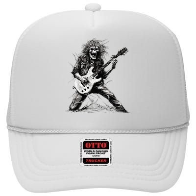 Skeleton Guitar Guy Rock And Roll Band Rock On High Crown Mesh Back Trucker Hat