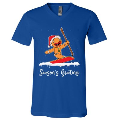 Season's Greetings Gingerbread Snowboarding Boarder Gift V-Neck T-Shirt