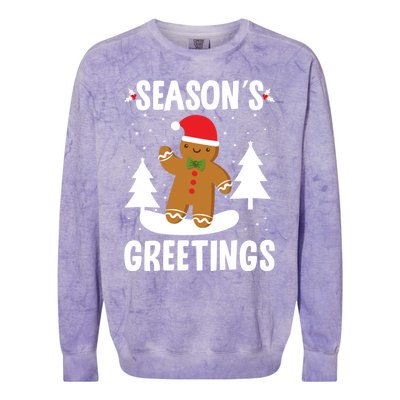 Season's Greetings Gingerbread Snowboarding Boarder Funny Gift Colorblast Crewneck Sweatshirt