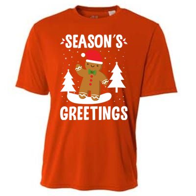 Season's Greetings Gingerbread Snowboarding Boarder Funny Gift Cooling Performance Crew T-Shirt