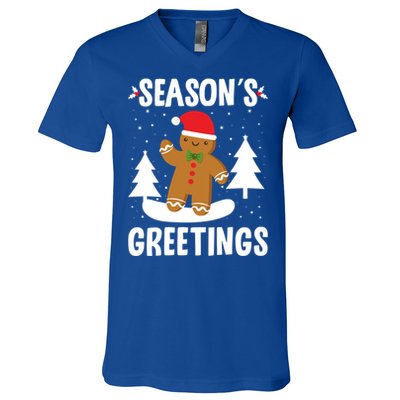 Season's Greetings Gingerbread Snowboarding Boarder Funny Gift V-Neck T-Shirt