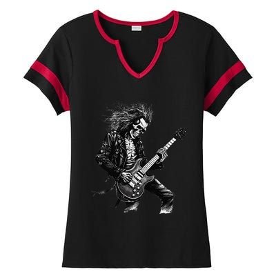 Skeleton Guitar Guy Rock And Roll Band Rock On Ladies Halftime Notch Neck Tee