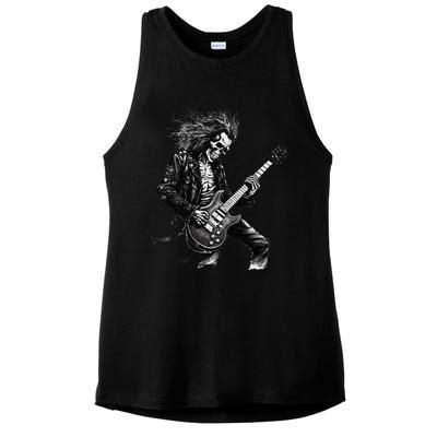 Skeleton Guitar Guy Rock And Roll Band Rock On Ladies PosiCharge Tri-Blend Wicking Tank