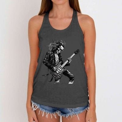 Skeleton Guitar Guy Rock And Roll Band Rock On Women's Knotted Racerback Tank