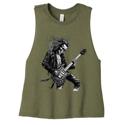 Skeleton Guitar Guy Rock And Roll Band Rock On Women's Racerback Cropped Tank