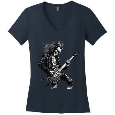 Skeleton Guitar Guy Rock And Roll Band Rock On Women's V-Neck T-Shirt