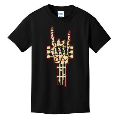 Skeleton Guitar Gifts Rock and Roll Skeleton Hand Sign Kids T-Shirt