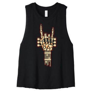 Skeleton Guitar Gifts Rock And Roll Skeleton Hand Sign Women's Racerback Cropped Tank