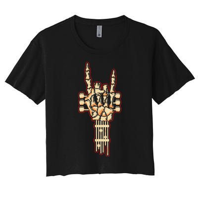 Skeleton Guitar Gifts Rock And Roll Skeleton Hand Sign Women's Crop Top Tee