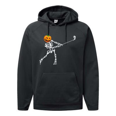 Skeleton Golf Halloween Pumpkin Golfing Golfer Performance Fleece Hoodie