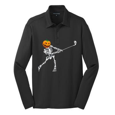 Skeleton Golf Halloween Pumpkin Golfing Golfer Silk Touch Performance Long Sleeve Polo