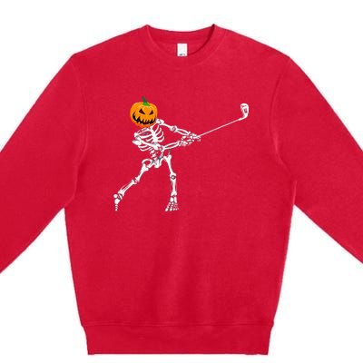 Skeleton Golf Halloween Pumpkin Golfing Golfer Premium Crewneck Sweatshirt