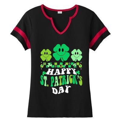 Shamrock Groovy Happy St Patricks Day Irish Retro Ladies Halftime Notch Neck Tee