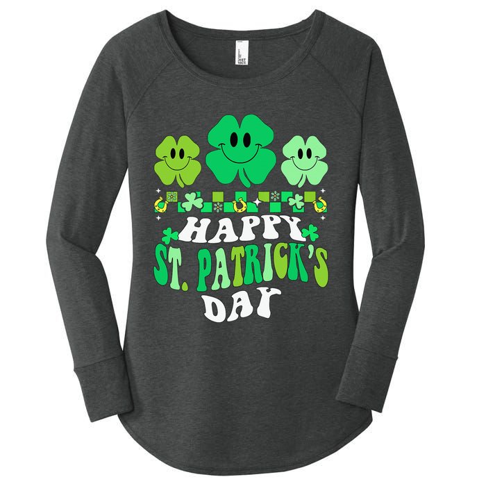 Shamrock Groovy Happy St Patricks Day Irish Retro Women's Perfect Tri Tunic Long Sleeve Shirt