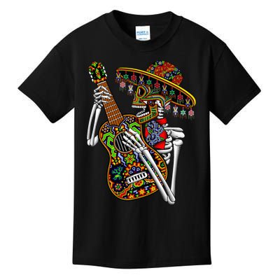 Sombrero Guitar Huichol Sugar Skull Calavera Mexico Mariachi Kids T-Shirt