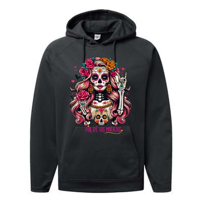 Skull Girl Halloween Dia De Los Muertos Mexican Sugar Performance Fleece Hoodie