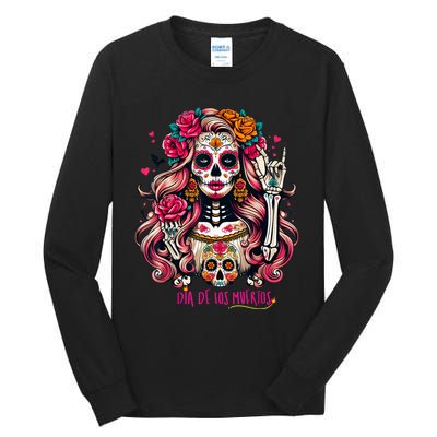 Skull Girl Halloween Dia De Los Muertos Mexican Sugar Tall Long Sleeve T-Shirt