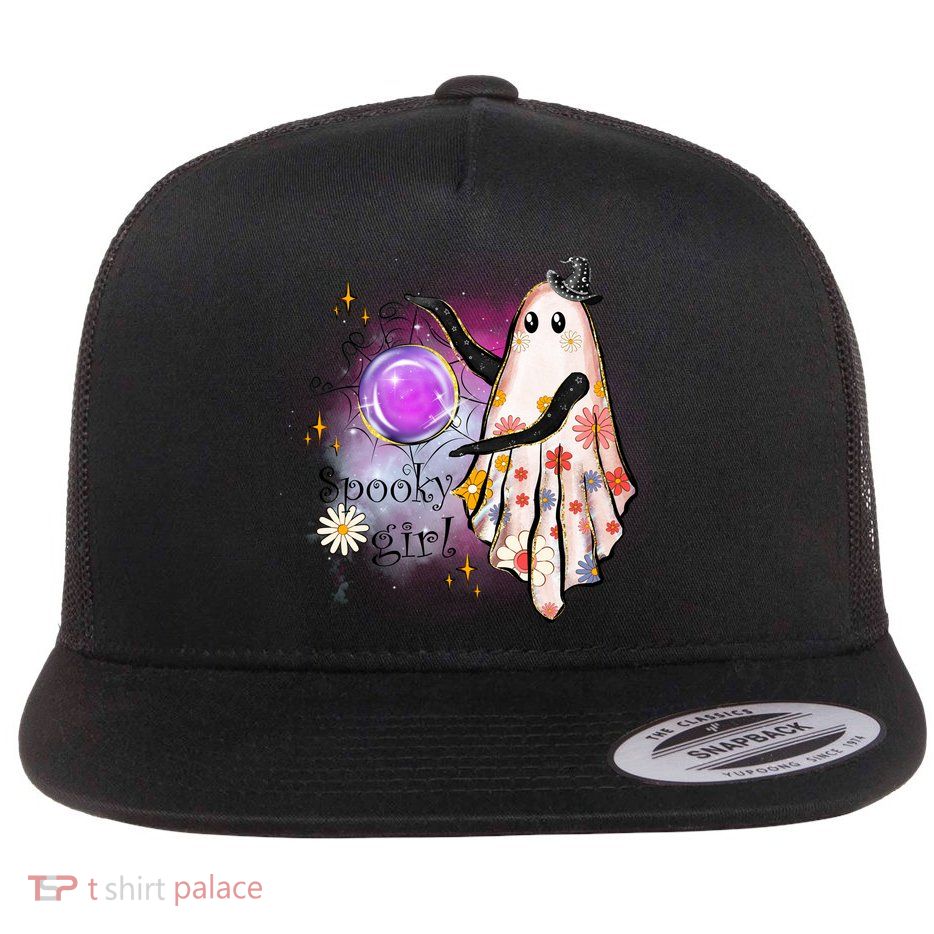 Spooky Girl Halloween T Shirts Boo Graphic Tee Designs Scary Halloween Costume Flat Bill Trucker Hat