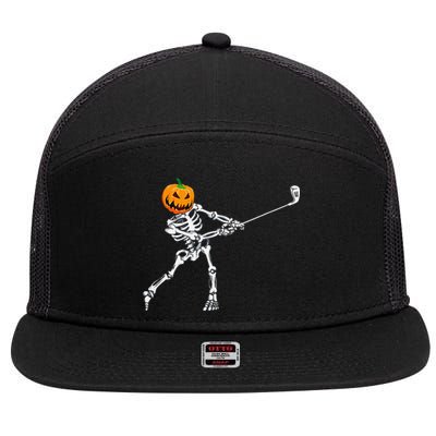 Skeleton Golf Halloween Pumpkin Golfing Golfer 7 Panel Mesh Trucker Snapback Hat