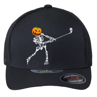 Skeleton Golf Halloween Pumpkin Golfing Golfer Flexfit Unipanel Trucker Cap