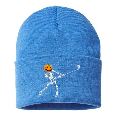 Skeleton Golf Halloween Pumpkin Golfing Golfer Sustainable Knit Beanie