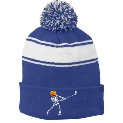 Skeleton Golf Halloween Pumpkin Golfing Golfer Stripe Pom Pom Beanie