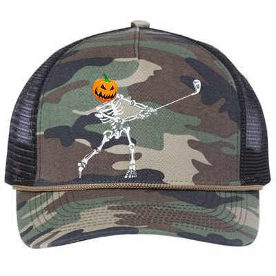 Skeleton Golf Halloween Pumpkin Golfing Golfer Retro Rope Trucker Hat Cap