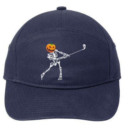 Skeleton Golf Halloween Pumpkin Golfing Golfer 7-Panel Snapback Hat