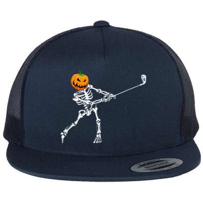 Skeleton Golf Halloween Pumpkin Golfing Golfer Flat Bill Trucker Hat