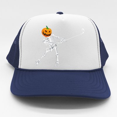 Skeleton Golf Halloween Pumpkin Golfing Golfer Trucker Hat