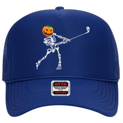 Skeleton Golf Halloween Pumpkin Golfing Golfer High Crown Mesh Back Trucker Hat