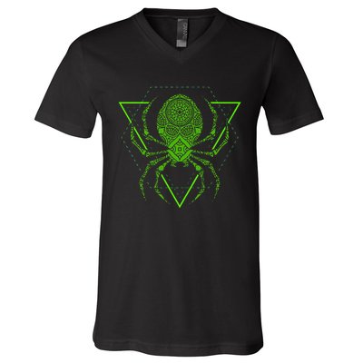 Sacred Geometry Halloween Spider Tribal Tattoo Mandala V-Neck T-Shirt