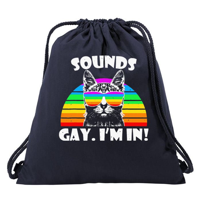 Sounds Gay I'm In Rainbow Cat Pride Retro Drawstring Bag