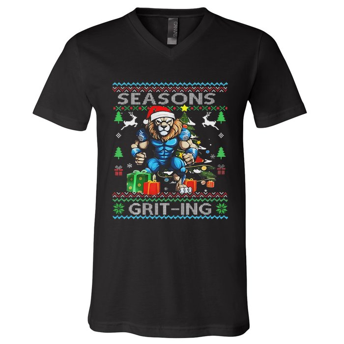 Seasons Grit Ings Lions Christmas Funny Ugly Christmas 2024 V-Neck T-Shirt