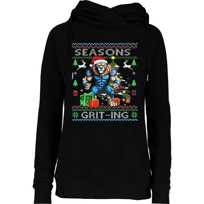 Seasons Grit Ings Lions Christmas Funny Ugly Christmas 2024 Womens Funnel Neck Pullover Hood