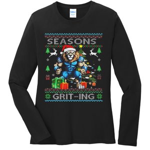 Seasons Grit Ings Lions Christmas Funny Ugly Christmas 2024 Ladies Long Sleeve Shirt