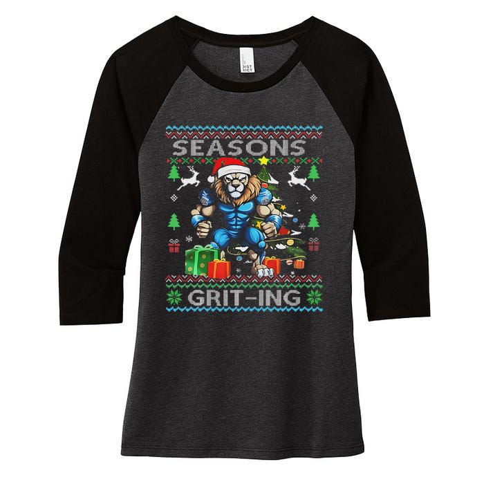 Seasons Grit Ings Lions Christmas Funny Ugly Christmas 2024 Women's Tri-Blend 3/4-Sleeve Raglan Shirt