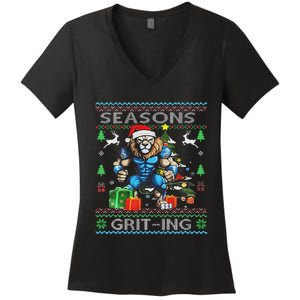 Seasons Grit Ings Lions Christmas Funny Ugly Christmas 2024 Women's V-Neck T-Shirt