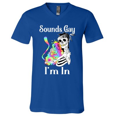 Sounds Gay Im In Funny Lgbt Pride Ally Gothic Rainbow Cat Meaningful Gift V-Neck T-Shirt