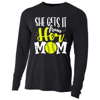 She Gets It From Her Mom Softball Girl Player Mother’s Day Cooling Performance Long Sleeve Crew