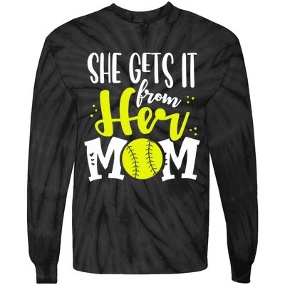 She Gets It From Her Mom Softball Girl Player Mother’s Day Tie-Dye Long Sleeve Shirt