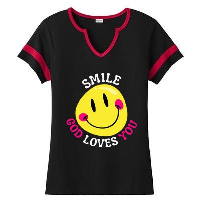 Smile God Loves You Happy Faith Love Jesus Christ VBS Cute Ladies Halftime Notch Neck Tee