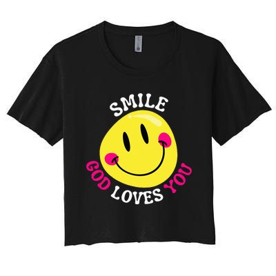 Smile God Loves You Happy Faith Love Jesus Christ VBS Cute Women's Crop Top Tee