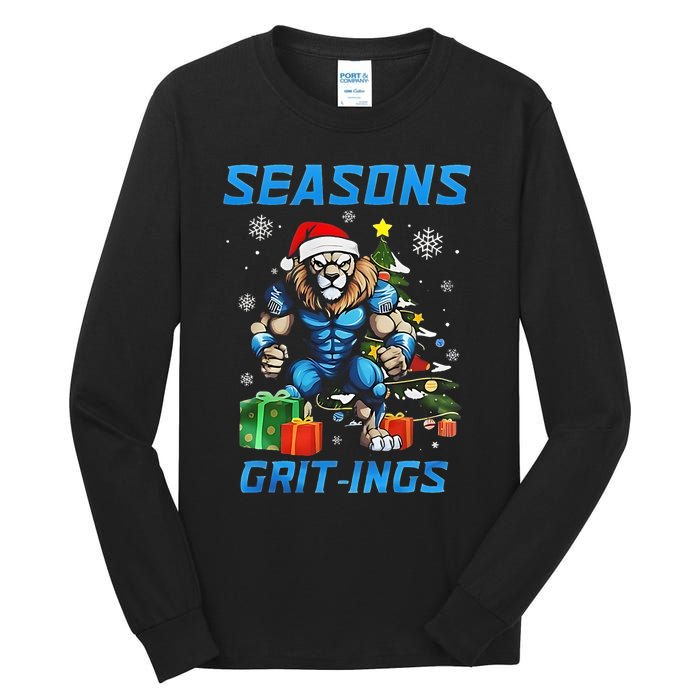 Seasons Gritings Lions Christmas Funny Christmas 2024 Tall Long Sleeve T-Shirt