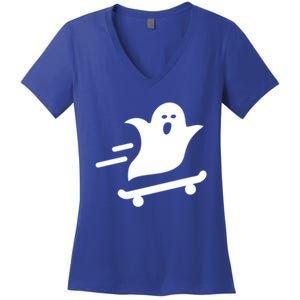 Skater Ghost Lazy Halloween Skateboarding Costume Skateboard Gift Women's V-Neck T-Shirt