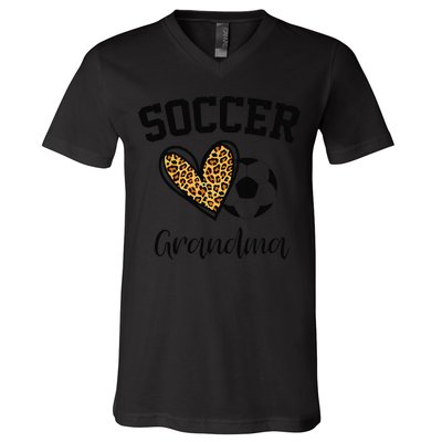 Soccer Grandma Leopard Heart Funny Mothers Day V-Neck T-Shirt