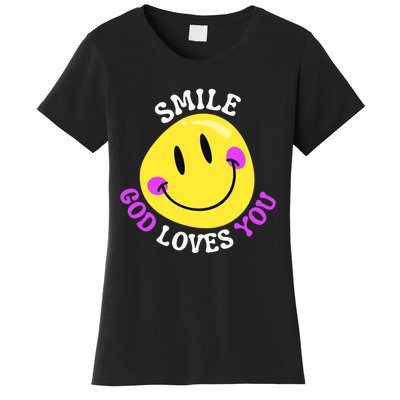 Smile God Loves You Happy Faith Love Jesus Christ VBS Cute Women's T-Shirt